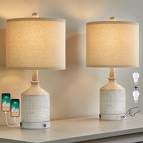 Pokat 20" Farmhouse 3-Way Dimmable Touch Ceramic Table Lamp Sets Of 2 Contemporary White Bedside Lamps For Living Room Bedroom Rustic Nightstand End Table Lamps With 2 Usb Ports (2 Bulbs Included) #TOP5