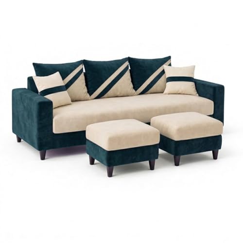 Image of SLEEPIFY Covelle 3 Seater Sofa Set with 2 Ottoman (Green Teal - Cream) | Premium Soft Velvet | Plush Comfort Cushions | Modern Living Room Sofa | Spacious Comfortable Seating
