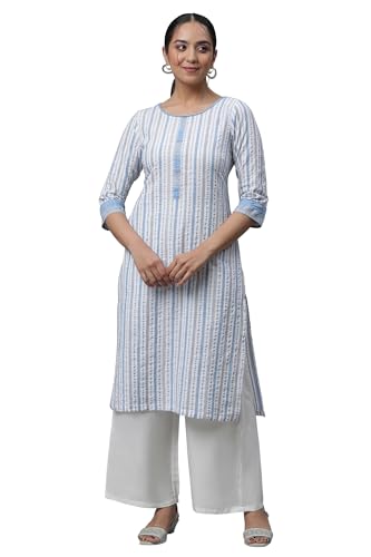 Image of Aurelia Women's Muted Marmalade Stripes Yarn Dyed Seer Sucker Slub Stripe Straight Kurta