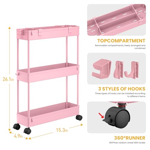 Image of SPACELEAD Slim Storage Cart 3 Tier,Bathroom Organizer Rolling Utility,Mobile Shelving Unit Slide Out for Office, Kitchen, Laundry Room & Narrow Places,Pink