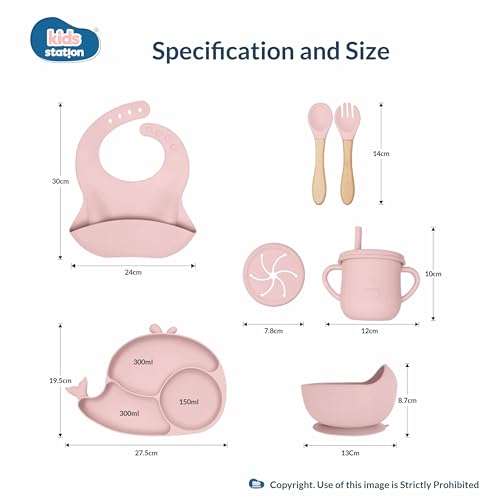 Image of Kids Station Whale Design 8-Piece Silicone Feeding Set for Babies | BPA-Free, Suction Bowl, Plate, Spoon, Fork, Bib, Cup & Straw - Dishwasher Safe | Ideal for Infants & Toddlers (Pack of 8, Pink)
