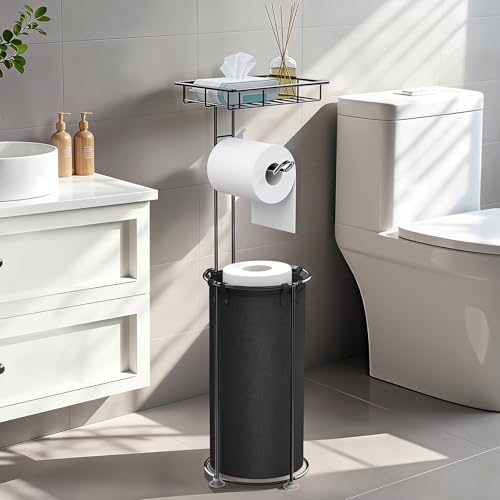 Lewondr Porte-Papier Toilette Indépendant, Porte-Rouleau de Papier Toilette sur Pied avec Étagère de Rangement, Support Papier Toilette Debout avec Sac de...