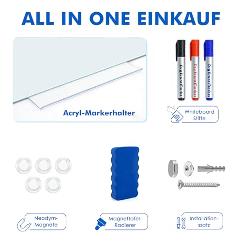 maxtek Whiteboard Glas, 90 x 60 cm Rahmenlos Gehärtetem Glasboard, Magnettafel Trocken Abwischbar zur Wandmontage, Modernes Memoboard Incl 5 Neodym-Magnete, 3 Stifte, 1 Radiergummi für Haus und Büro
