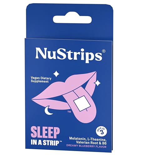 NuStrips Fast-Dissolving Sleep Strips with 5mg Melatonin Valerian Root L-Theanine & Vitamin B6 Blueberry Flavor - Natural Sleep Aid Vegan Non-GMO Gluten Free Fall Asleep Fast (3 Strips)