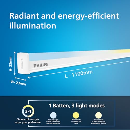 Image of Philips 36W 3-in-1 Colour Changing LED Batten 4 Ft | CCT Mood Lighting (Cool White /Neutral White /Warm White) | Bright & Energy Efficient Tube Light for Bedroom, Hall & Office | Pack of 10