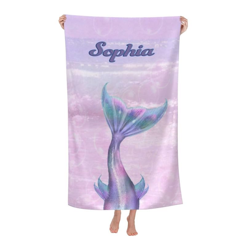 Personalized Puple Pink Mermaid Tail Beach Towels Pool Towels Mermaid Monogrammed Beach Towel for Pool Swimming Bath