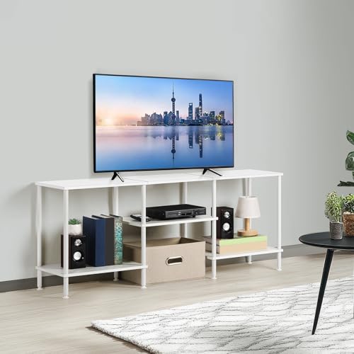 Image of White TV Stand Bedroom with Power Outlets, Small Entertainment Center Stand with Open Storage Shelves for TVs up to 50 Inch, Wood TV Media Console Table with for Living Room, Bedroom