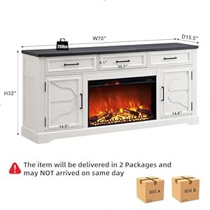 JXQTLINGMU 70 Large Farmhouse Buffet Sideboard Cabinet with Fireplace Coffee Bar with 3 Drawers2 Doors 32 Tall Kitchen Cabinet Off White