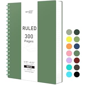 RETTACY Spiral Notebook, A5 College Ruled Notebook with 300 Pages, 5.7″ × 8.2″, Medium Size, Notebook Journal for School, Work, Writing, 100 GSM Thick Paper, Flexible Plastic Cover (Dark Green)