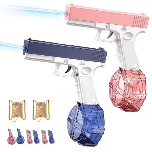 Eterfun Electric Water Gun Set with Backpack, Automatic Powered Water Blaster Toys for Kids Outdoor Pool Beach Summer Play, Includes 2 Guns Drums Magazines (Blue & Pink)