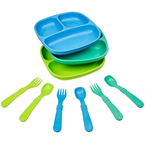 Re-Play Made In The Usa Dinnerware Set - 3Pk Divided Plates With Matching Utensils - Sky Blue, Aqua, Lime Green (Under The Sea) #TOP4