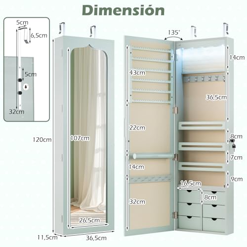 COSTWAY Espejo Joyero de Pared, Armario Joyero con Espejo de Cuerpo Entero, Iluminación LED, Armario para Joyas de Puerta con 6 Cajones, Cerradura, Gran Espacio de Almacenamiento - imagen 6