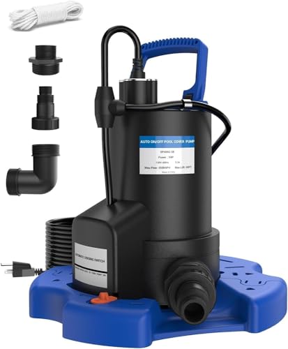 QIOMALA Automatic Pool Cover Pump - 1 HP 3500 GPH Sump Pump Above Ground with Check Valve 3 Adapters and 29.5FT Extra Long Power Cord Pump Water Removal for Swimming Pool Basements Rooftops