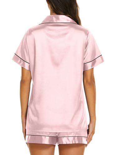 Image of Ekouaer Silk Pajamas for Women Short Sleeve Sleepwear Soft Button Down Loungewear 2 Piece Satin Pjs Shorts Set