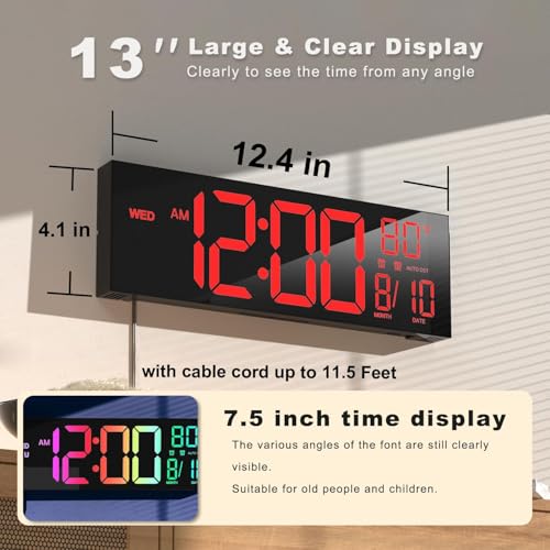 Image of JALL 13 inch Large Digital Wall Mount Clock, Count Down Timer, Alarm, Big LED, DST, Temperature for Living Room Classroom Desk, Xmas, Birthday Gift for Senior Mom Dad