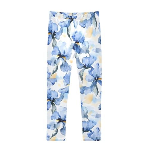 Blue Iris Floral Girls Leggings Soft Stretch Workout Yoga Dance Pants for Kids Casual Tights