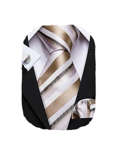 Image of Barry.Wang Man Stripe Ties Set Silk Woven Pocket Square Necktie Cufflinks Formal Party Business
