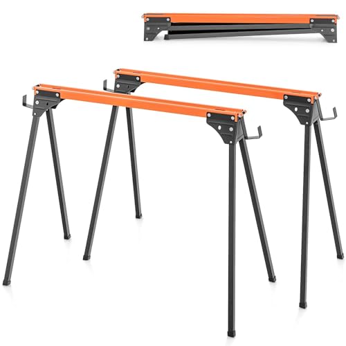 GiantexUK 2PCS Folding Sawhorses, 1000KG Twin Pack Workbench with Rotatable Support Arms & Non-Slip Footpads, Portable Heavy Duty Metal Work Trestle Stands for Garage Workshop DIY (Orange + Black)