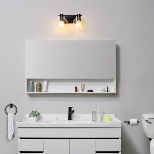 Image of GLOBE Electric 63000057 3-Piece All-in-One Bathroom Set, Matte Black, 15 inch 2-Light Vanity Light, Clear Glass Shades, Toilet Paper Holder, Towel Ring, Bathroom Lights Over Mirror, Powder Room Lighting