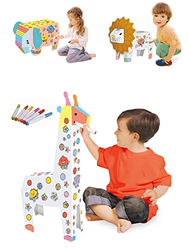 Image of Crackles DIY 3D Paper Cardboard Folding Coloring Craft Animals Series- Pack of Thre Giraffe, Lion and Elephant