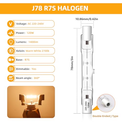Caldarax 2 Pack R7s Halogen Bulb 78mm 120W Dimmable, J78 Security Light Bulb, 230V 1800LM 2700K Warm White, Linear Halogen Floodlight Bulbs for Work, Spotlights, Landscape Lights, Floor Lamps