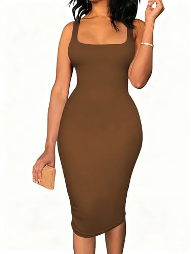 Image of TOPSRANI Women Sexy Midi Dress Bodycon Casual Sleeveless Basic Ruched Tank Summer Club Party Dresses