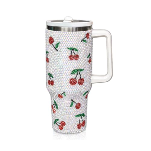 Image of 40 Oz Rhinestone Studded Tumbler with Handle Straw and Lid, Insulated Stainless Steel Double Layer Water Bottle for Women, Reusable Travel Coffee Mug (1200ml) Cherry