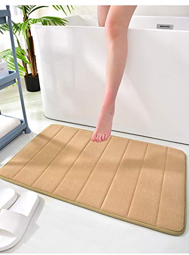Shenghuo Juego de 2 alfombrillas antideslizantes para baño de espuma viscoelástica suave muy absorbentes, alfombras de piso de felpa a rayas para cocina/hogar (caqui, 16 x 24 (40 x 60 cm) Cover