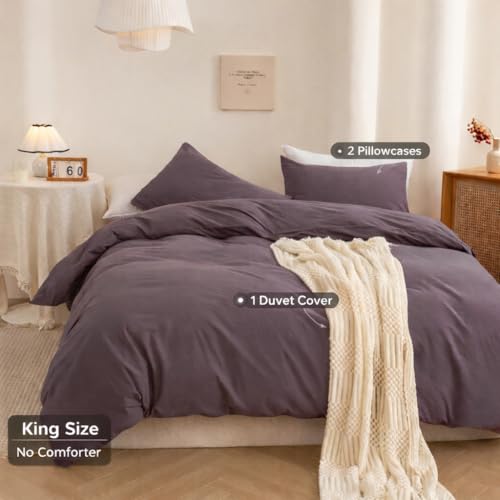 Image of ECOCOTT Lilac Purple Duvet Cover King Size, 100% Washed Cotton 3 Piece Bedding Set 1 Duvet Cover with Zipper and 2 Pillowcases, Ultra Soft and Easy Care Breathable Duvet Cover Set ((Lilac Purple,King)