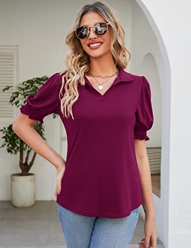 Micoson Womens Short Sleeve Polo T Shirts V Neck Casual Collared Tops Puff Sleeve Work Tunic Blouses3