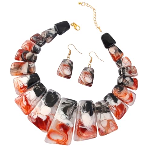 Uqezagpa Juego de joyas exageradas con collar de clavícula de resina y aretes de gota, elegante cadena para el cuello y anillos para las orejas, Length 346cm1.8*4.2cm, Resina