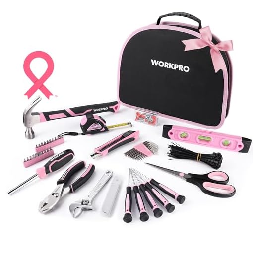 WORKPRO 103-Piece Pink Tool Kit - Ladies Hand Tool Set with Easy Carrying Round Pouch - Durable, Long Lasting Chrome Finish Tools - Perfect for DIY, Home Maintenance - Pink Ribbon