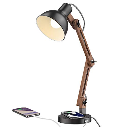 ELYONA Swing Arm Desk Lamp, Wood Table Lamp with Wireless Charging & 2 USB Ports, Adjustable Office Lamp, Black Modern Reading Lights for College Dorm, Study, Living Room, Bedroom