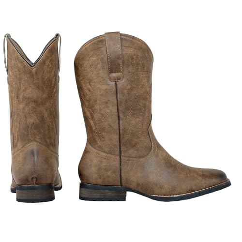 J's.o.l.e Cowboy Boots for Men Square Toe Work Boots Pull on Silp Resistant Wide Calf Men's Western Boot Brown2