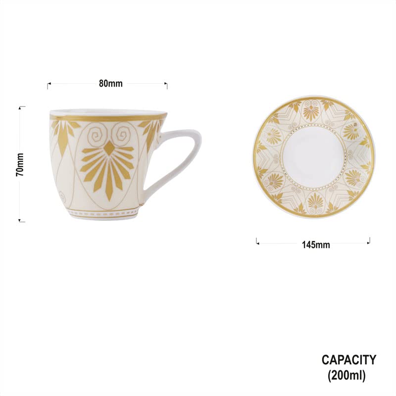 Image of Dandy Lines Alpine Gold Rajasthan Design Cup and Saucer Set, Luxury Tea Set with Saucer, Ceramic, Pack of 12, Microwave & Dishwasher Safe, Great for Hosting & Gifting