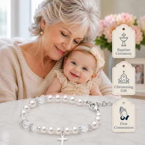 Image of Baby Crystals Personalized Baptism Gifts for Girl Sterling Silver Cross Pearl Bracelet
