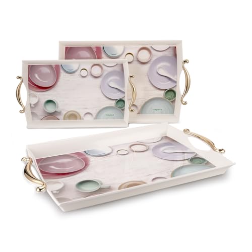 Image of Nayasa Regency Plastic Rectangular Serving Tray Set of 3 (Small, Medium, Big) | Kitchen Tray for Serving Tea, Coffee, Snacks | Multi Purpose Serveware | White