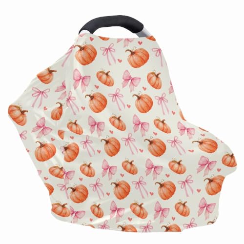 Image of Baby Car Seat Cover, Breathable Car Seat Canopy, Fall Pumpkin Bow