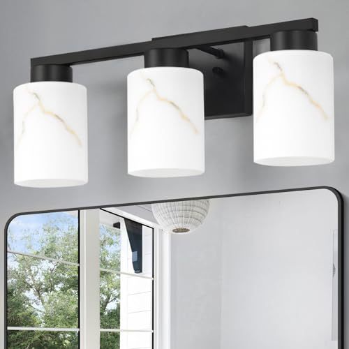 Image of 3-Light Bathroom Light Fixtures, Modern Vanity Lights, Black Metal Wall Lamp with Handcrafted Art Glass for Bathroom, Mirror, Living Room, Bedroom, Cabinet, Porch, Hallway, E26 Base