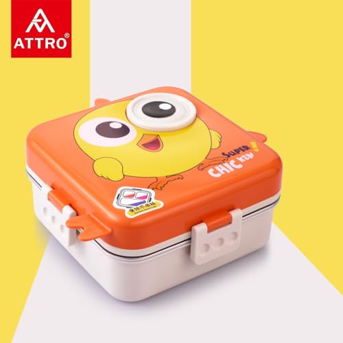 Image of ATTRO Carnival Super Birdy Lunch Box 2 Layer Stainless Steel Lunch Box Comes with 1 Detachable Tray, 1 Small Container & 1 Spoon Ideal for Kids BPA Free 1120ml+70ml- Orange