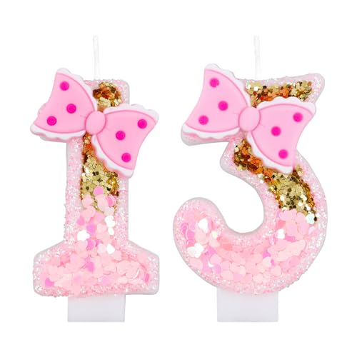 Girls' Pink 13th Birthday Candles with Gold Glitter Numbers and Bows - Perfect for Cake Decoration and Party Celebration