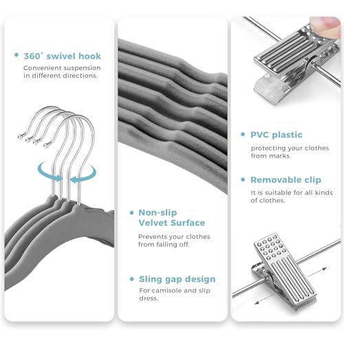 VECELO 20 Pack Velvet Clothes Hangers with Adjustable Clips,Heavy-Duty Non Slip & Space-Saving with 1 Magic Hangers & 2 Tie Rack for Suit Coat Pants Skirt Dresses by VECELO - Image 4