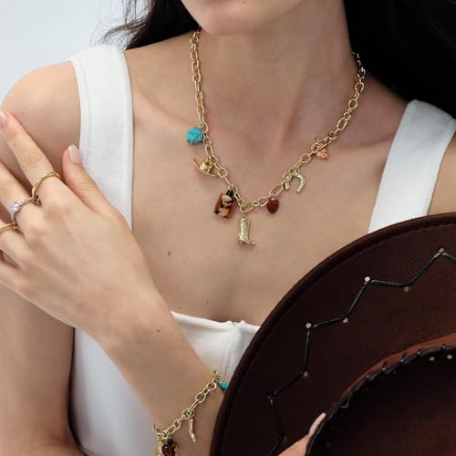KissYan Cowgirl Western Charm Necklace, 14K Gold Plated Boot Horseshoe Turquoise Pendant Chain Vintage Jewelry Gift for Women2