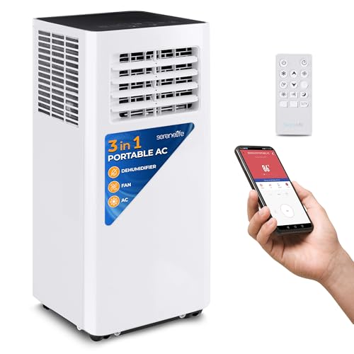 SereneLife Small Air Conditioner Portable 10,000 BTU with Built-in Dehumidifier – Portable AC unit for rooms up to 450 sq ft – WiFi app + Remote Control, Window Mount Exhaust Kit