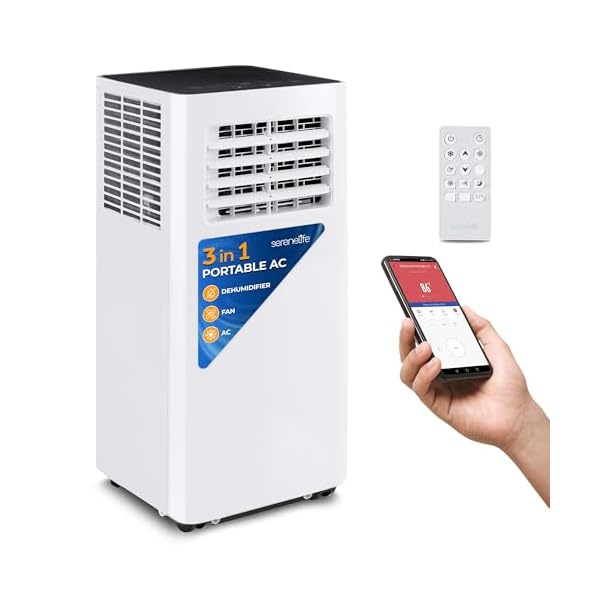SereneLife Small Air Conditioner Portable 10,000 BTU with Built-in Dehumidifier – Portable AC unit for rooms up to 450 sq ft – WiFi app + Remote Control, Window Mount Exhaust Kit