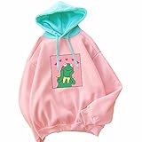 Women's Cute Kawaii Sweatshirts Skateboarding Frog Alien Printed Funny Patchwork Hoodie Pullover Tops (Pink blue 2, L)