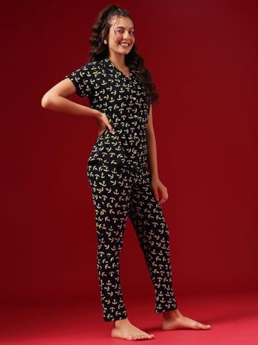 Image of Clovia Women's Cotton Printed Button Down Shirt & Pyjama Night Suit Set
