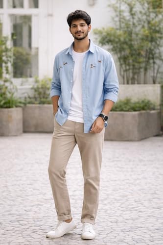 Image of Men's Cotton Blend Casual Wear with Bird Embroidery | Regular Fit Full Sleeve Button Down | Lightweight Summer Style for Daily, Office & Party