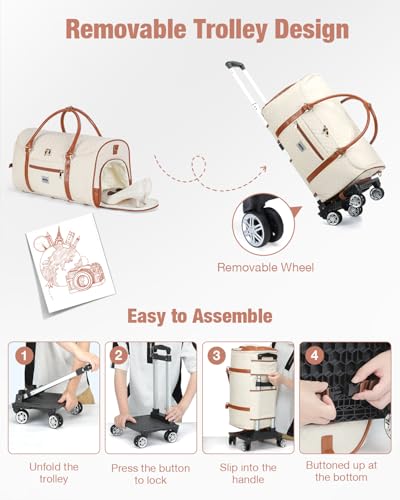 Rolling Garment Bags for Travel - 3 in 1 Convertible Garment Duffle Bags with Wheels Shoes Compartment, Carry On Bag Wheeled for Women Weekender Suit Wedding Dress-Beige4