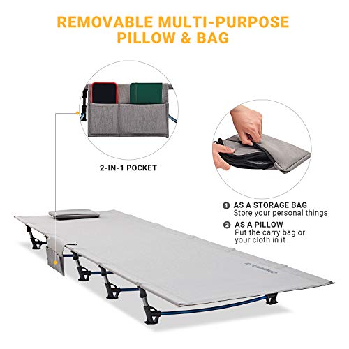 FUNDANGO Camping Cot Bed, Extra Long Lightweight Folding Compact Portable Sleeping Cot for Adult, Backpacking, Hiking, Camping, Travel, Office Nap, Outdoor, Indoor, Gray - Thumbnail 4